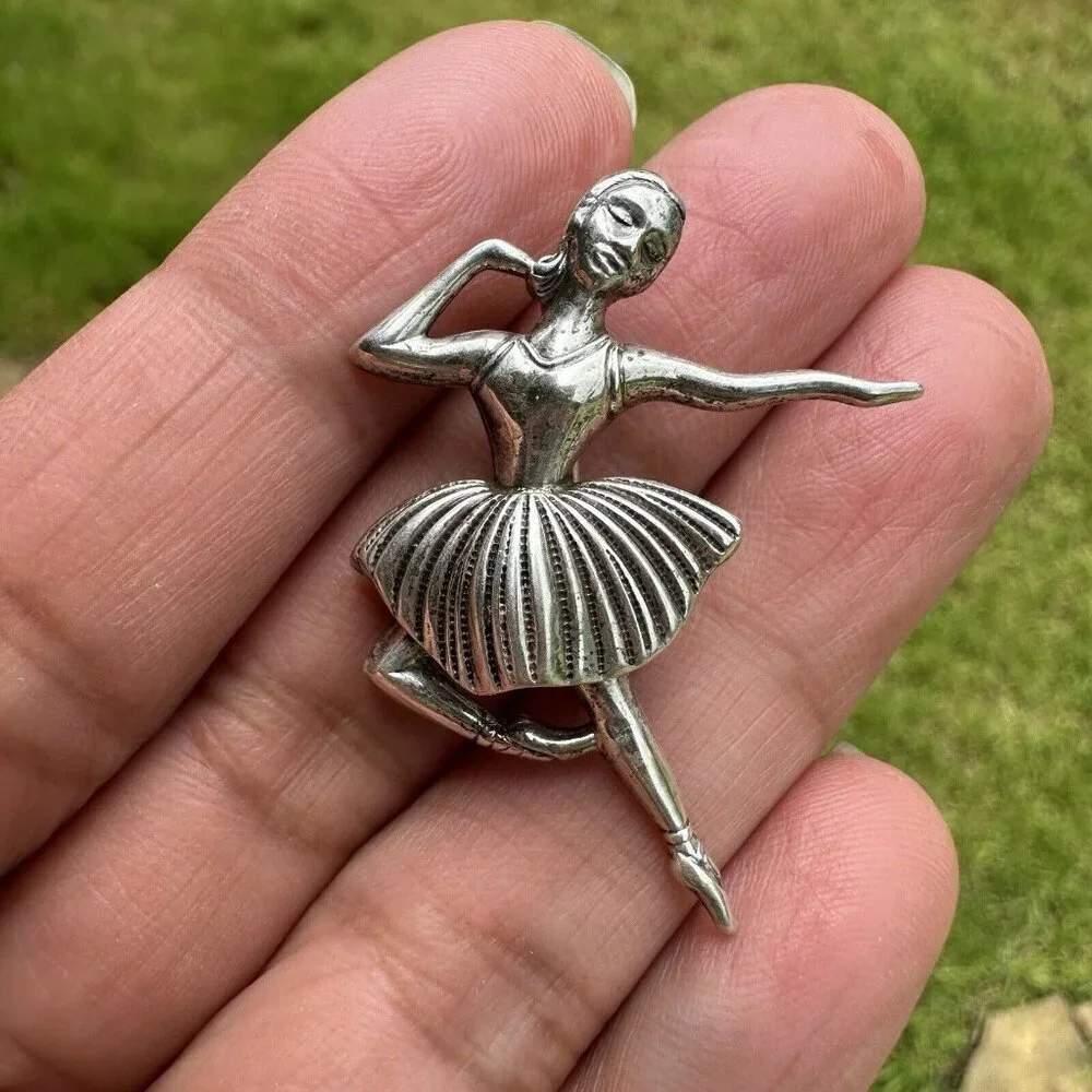 VTG Brooch Pin 1.5 Inch Ballerina‎ Dancer Art Deco MCM 925 Sterling Silver 3.2g